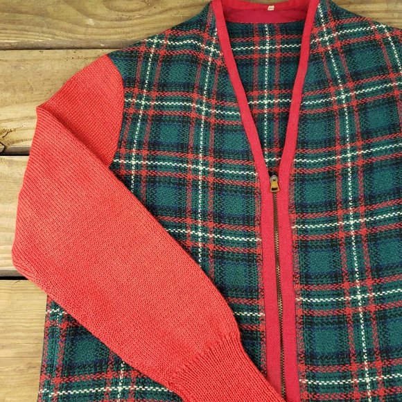 Womens Vintage Christmas Plaid V Neck Zip Up Sweater Red Green Size Small - Picture 3 of 7